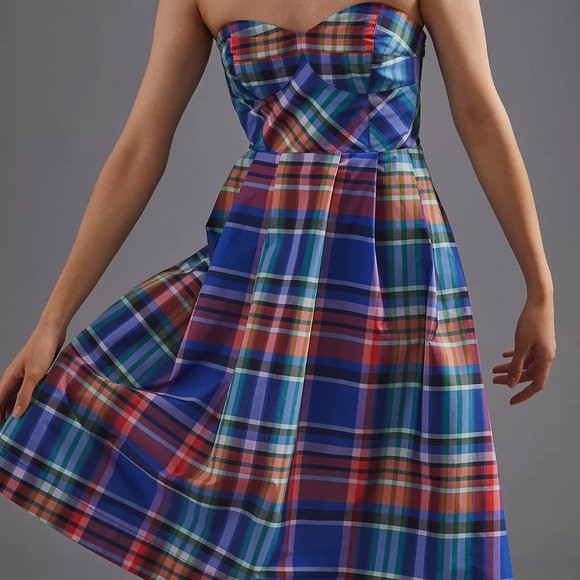 Anthropologie Plaid Strapless A-line Mini-dress - Picture 1 of 3